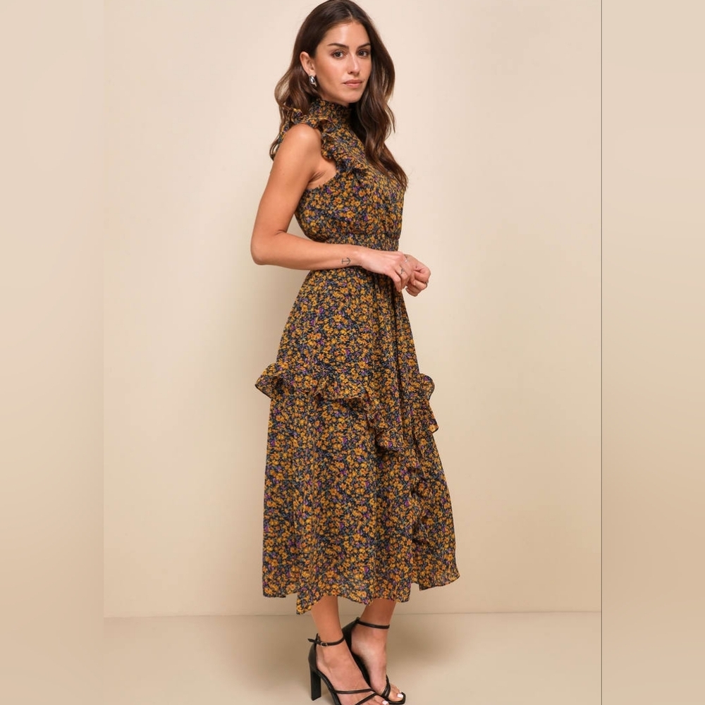Lulu's Navy and Yellow Floral Midi Dress
